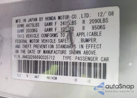 2009 Acura Tsx z USA, uszkodzony, nr VIN JH4CU26669C035712